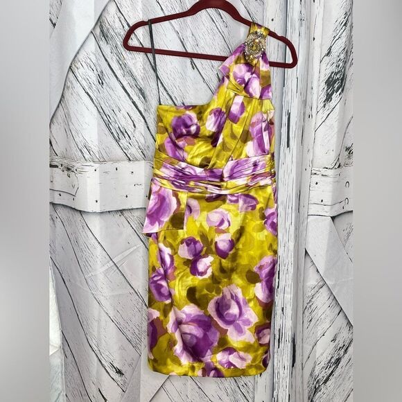 David Meister Floral Dress One Shoulder Silk 6 - Picture 1 of 9